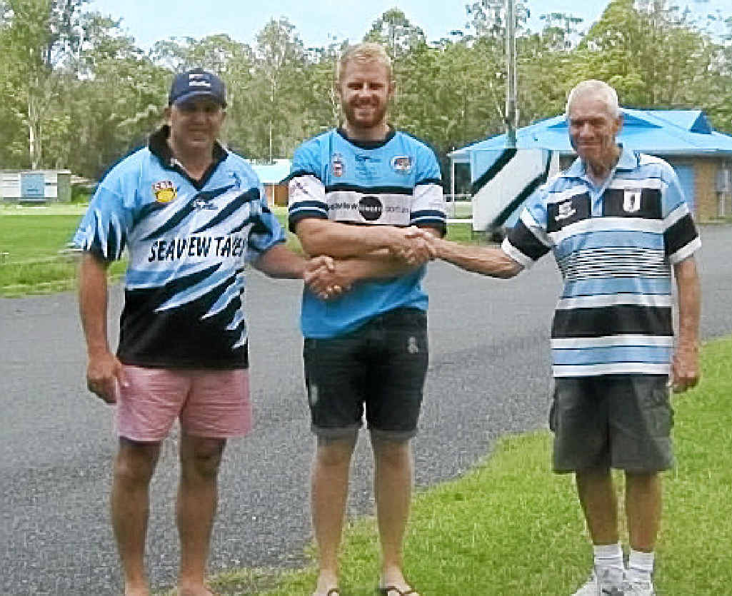 SO IT BEGINS: Club vice-president Gavin Hann, Adam Slater and Peter Brown launch Woolgoolga’s season. SO IT BEGINS: Club vice-president Gavin Hann, Adam Slater and Peter Brown launch Woolgoolga’s season.